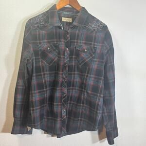 Legacy Falls Plaid Western Shirt XL Embroidered Floral Snap Button Long Sleeve